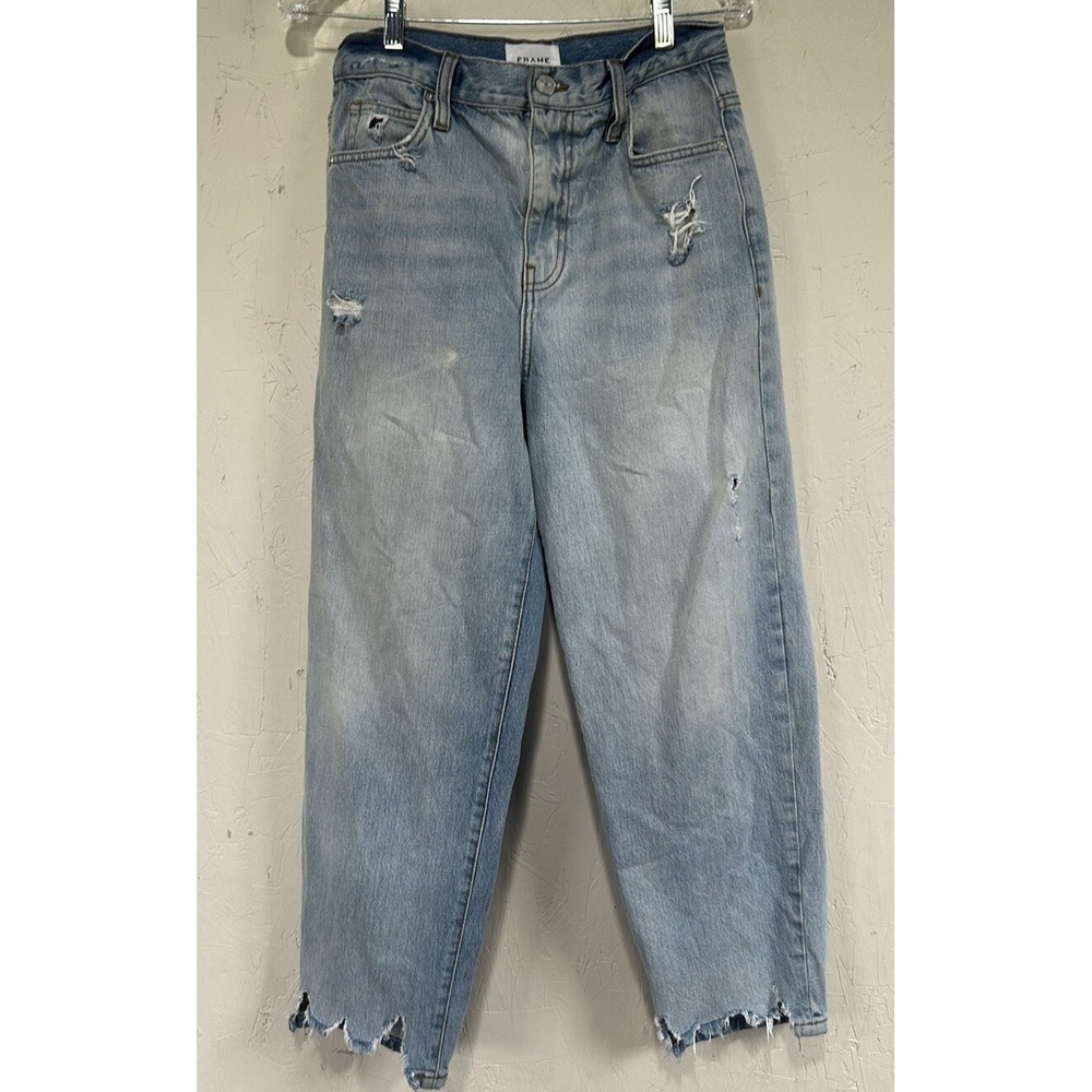Frame Denim Le Stevie Boyfriend Mom Crop Loose Light Wash Distressed Jeans 29